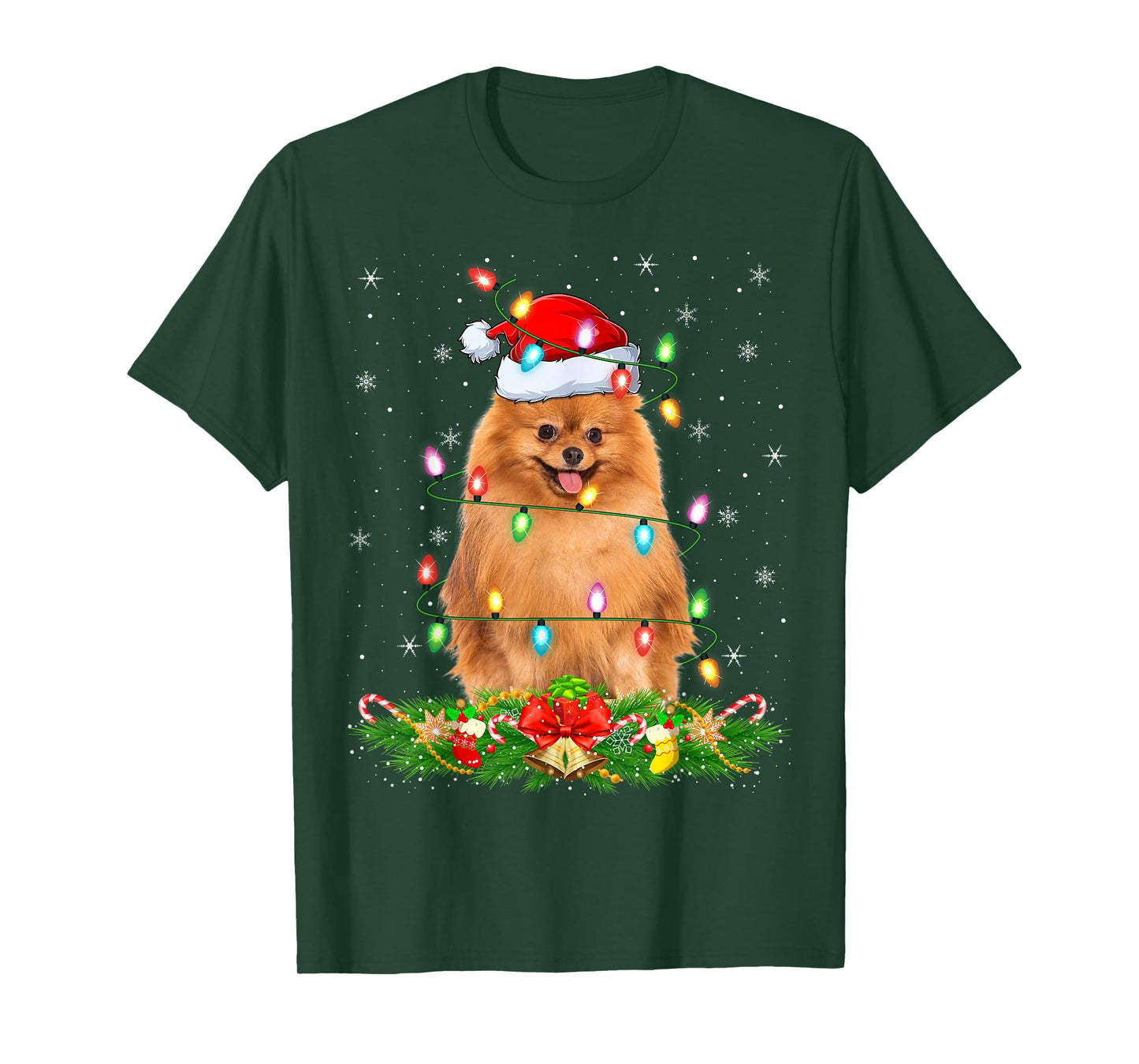 Pomeranian Dog Christmas Lights Funny Santa Hat Xmas T-Shirt