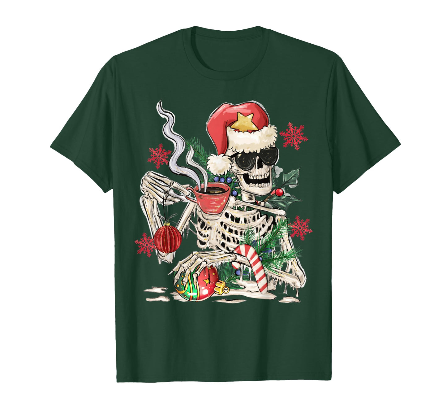 Santa Skeleton Drinking Coffee Funny Christmas Holiday T-Shirt
