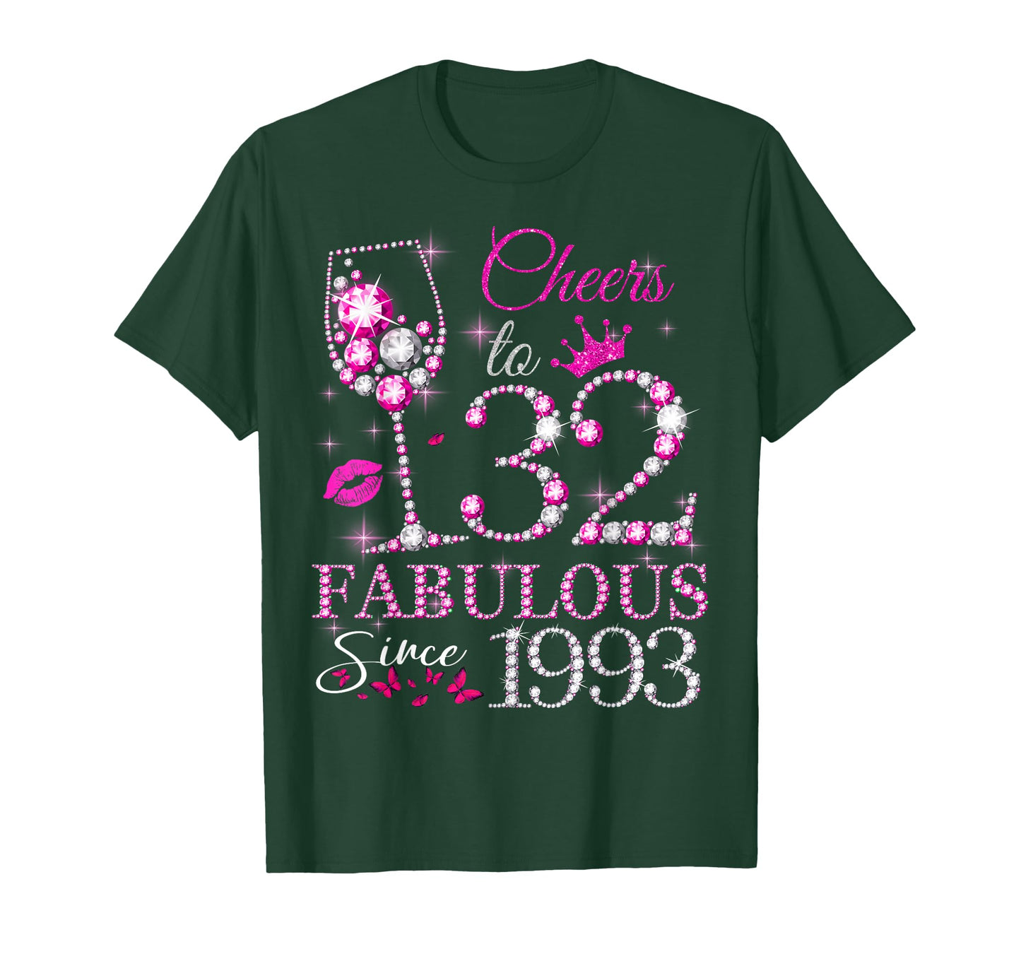 Womens Cheers to 32 Years Old EST 1993 32nd Birthday Queen T-Shirt