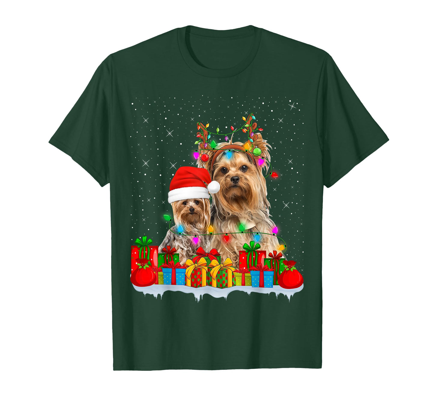 Yorkshire Terrier Dog Christmas Lights Reindeer Santa Xmas T-Shirt