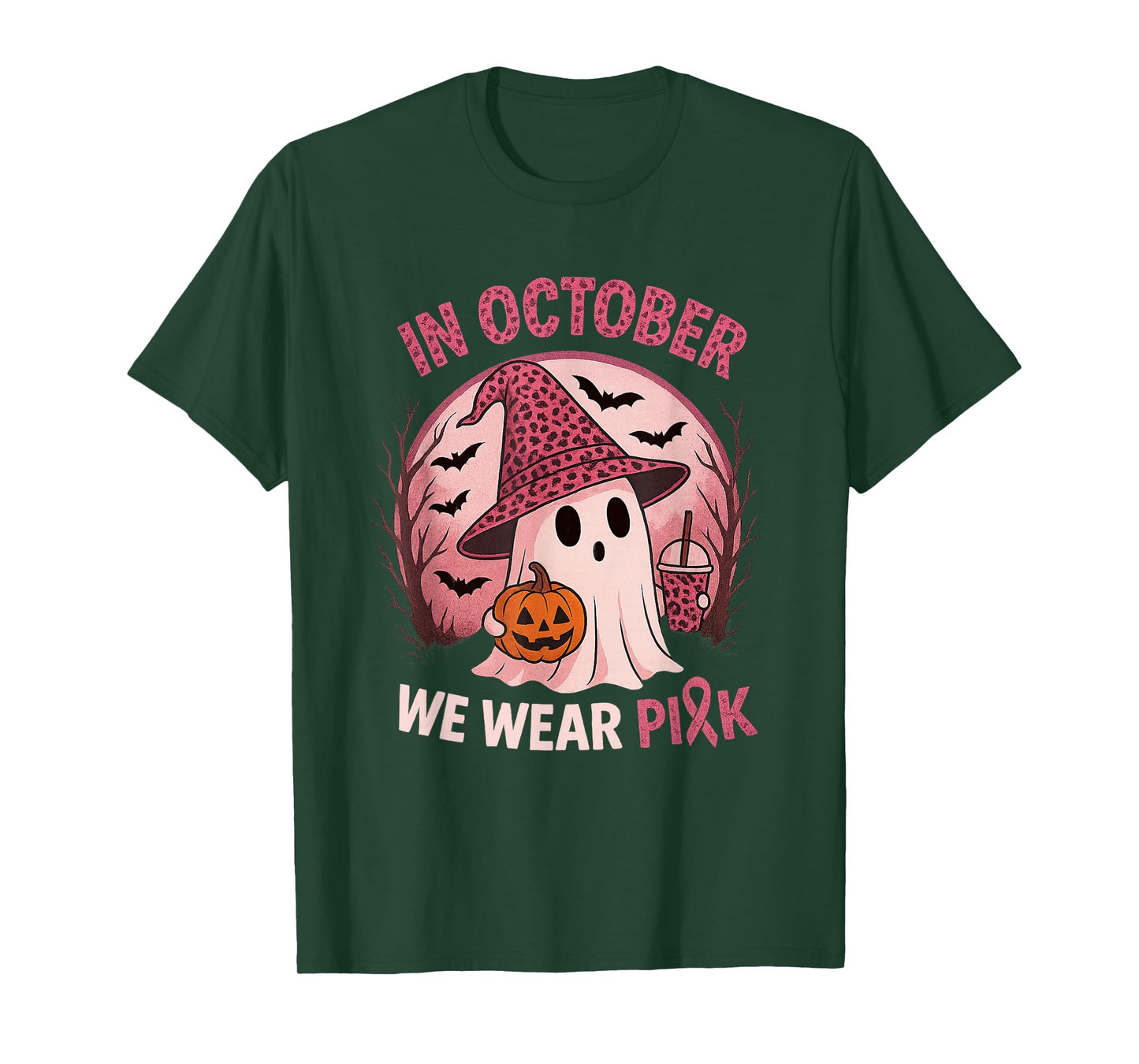Breast Cancer Leopard Skin in October We Wear Pink Ghost T-Shirt