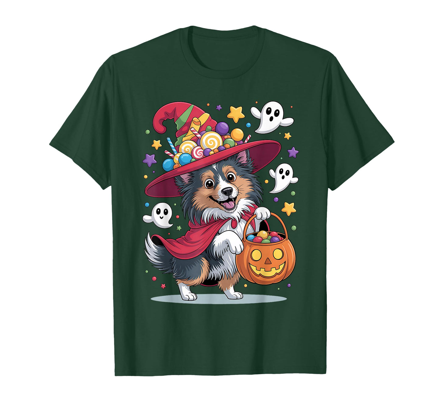 Shetland Sheepdog Dog Pumpkin Ghost Candy Witch Halloween T-Shirt