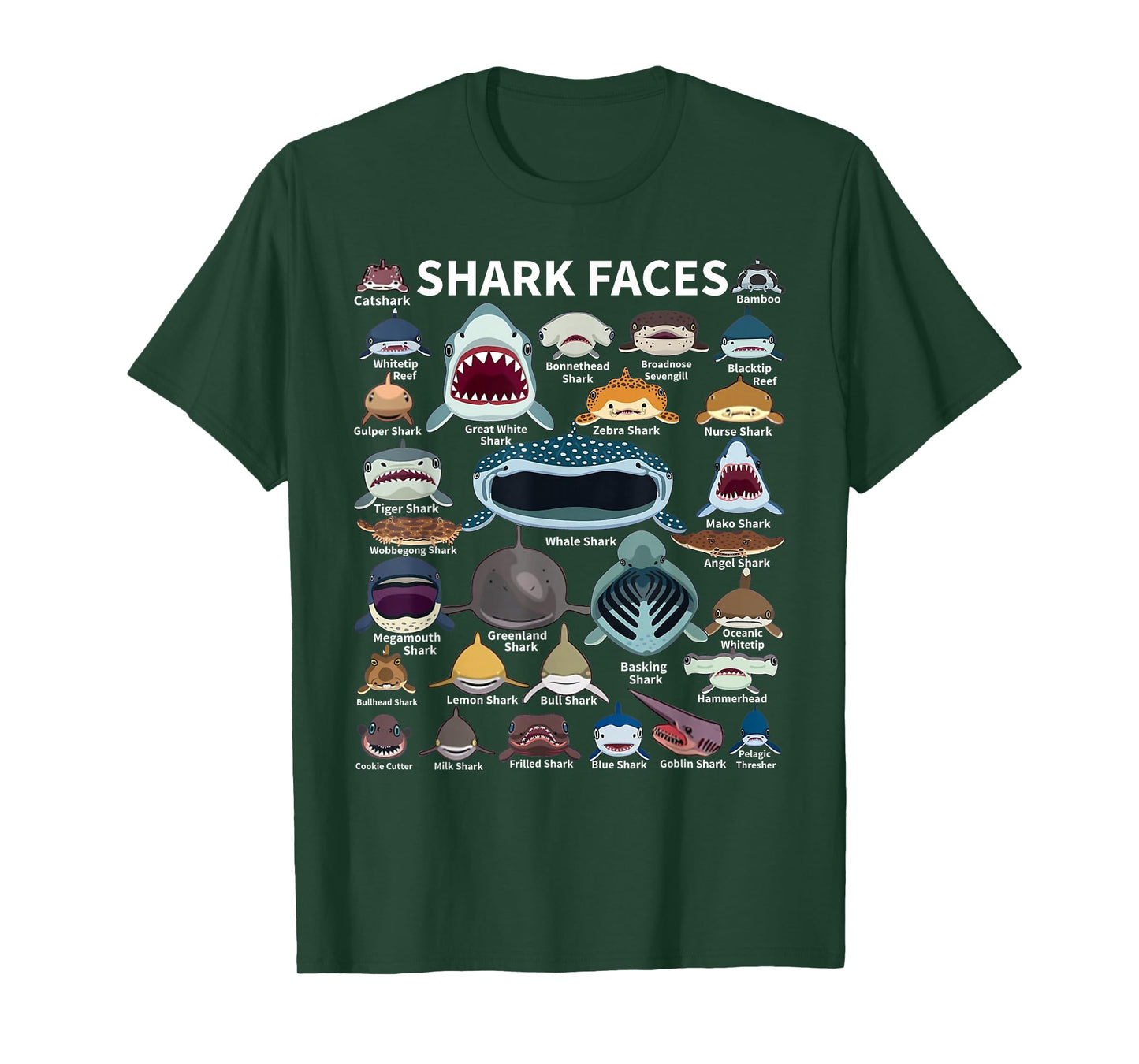 Shark Faces - Type of Shark - Shark Faces of All Kinds T-Shirt