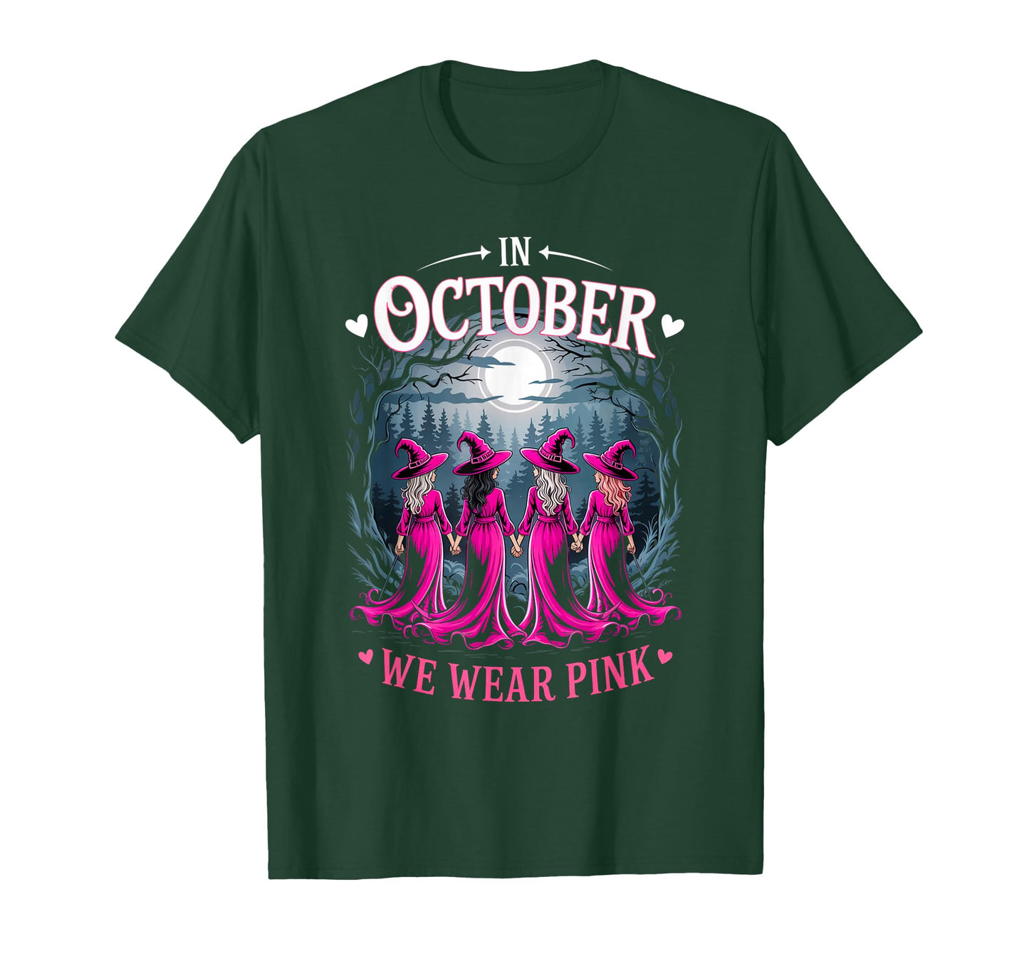 in October We Wear Pink Retro Witch Breast Cancer Awareness T-Shirt