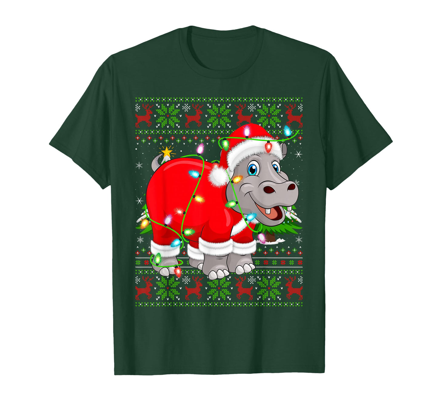 Hippo Christmas Lights Santa Hippopotamus Ugly Xmas Sweaters T-Shirt