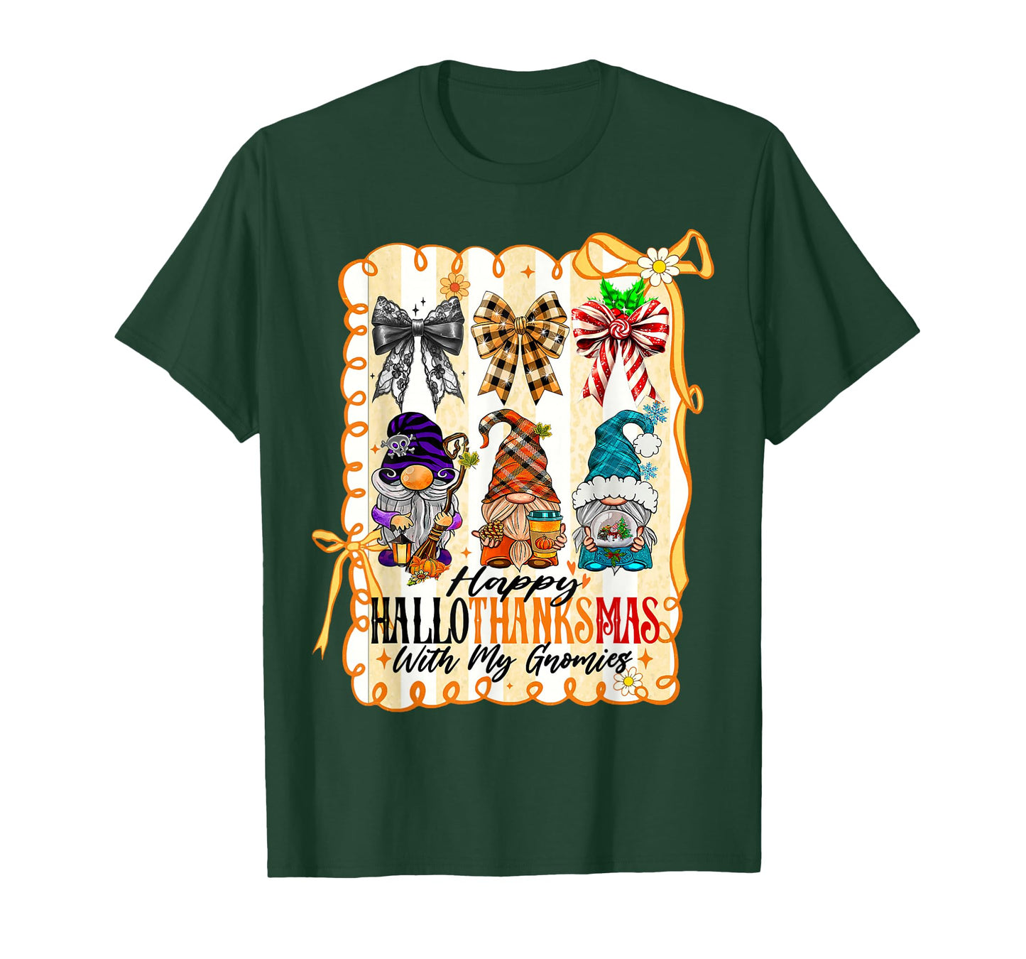 Happy Hallothanksmas with My Gnomies Coquette Bow Gnomes T-Shirt