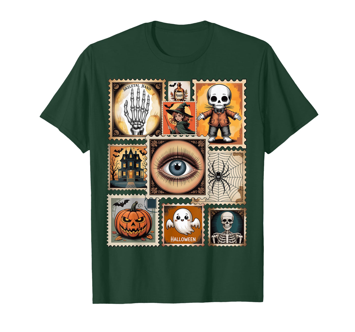 Halloween Stamp Collage Vintage Skeleton, Pumpkin, Witch T-Shirt