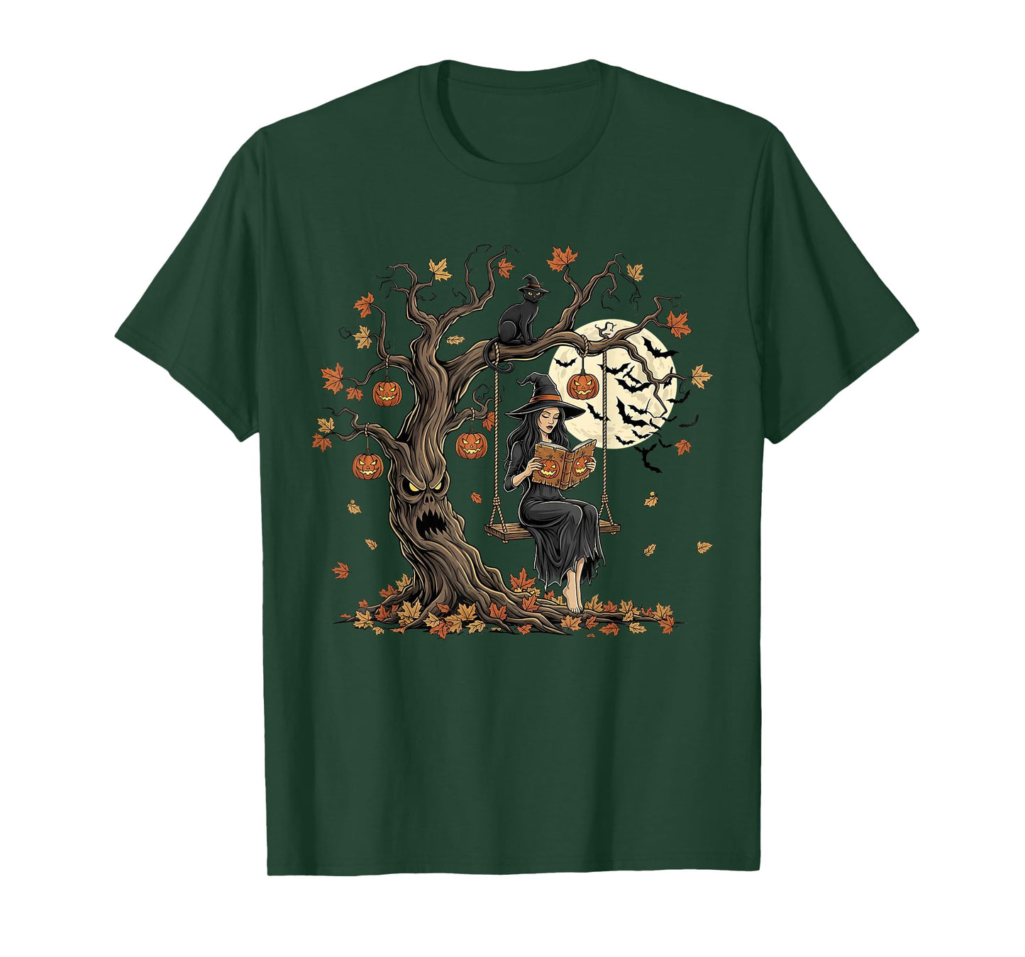 Vintage Witch Reading Book Pumpkin Swing Autumn Thanksgiving T-Shirt