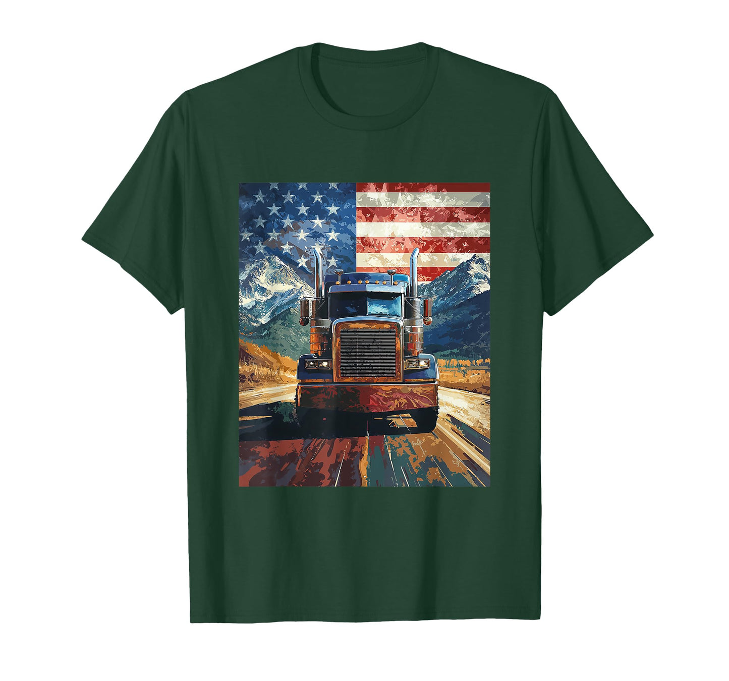 Trucker Truck USA America Flag Graphic T-Shirt
