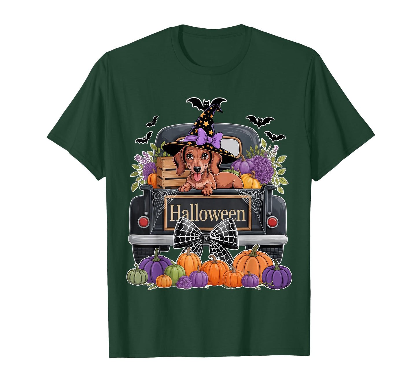 Funny Dachshund Witch Hat Truck Pumpkin Dog Lovers Halloween T-Shirt