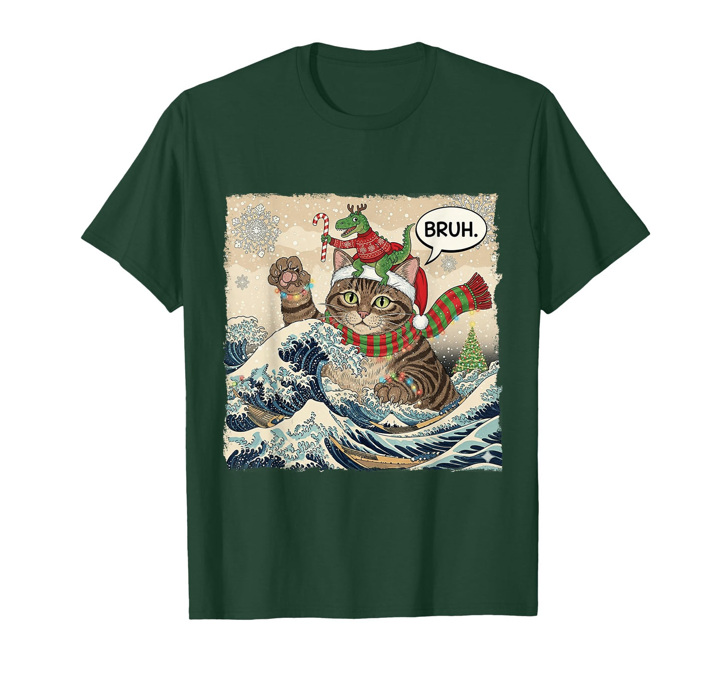 Bruh Funny Catzilla Cat Dinosaur Christmas Wave Japanese Art T-Shirt