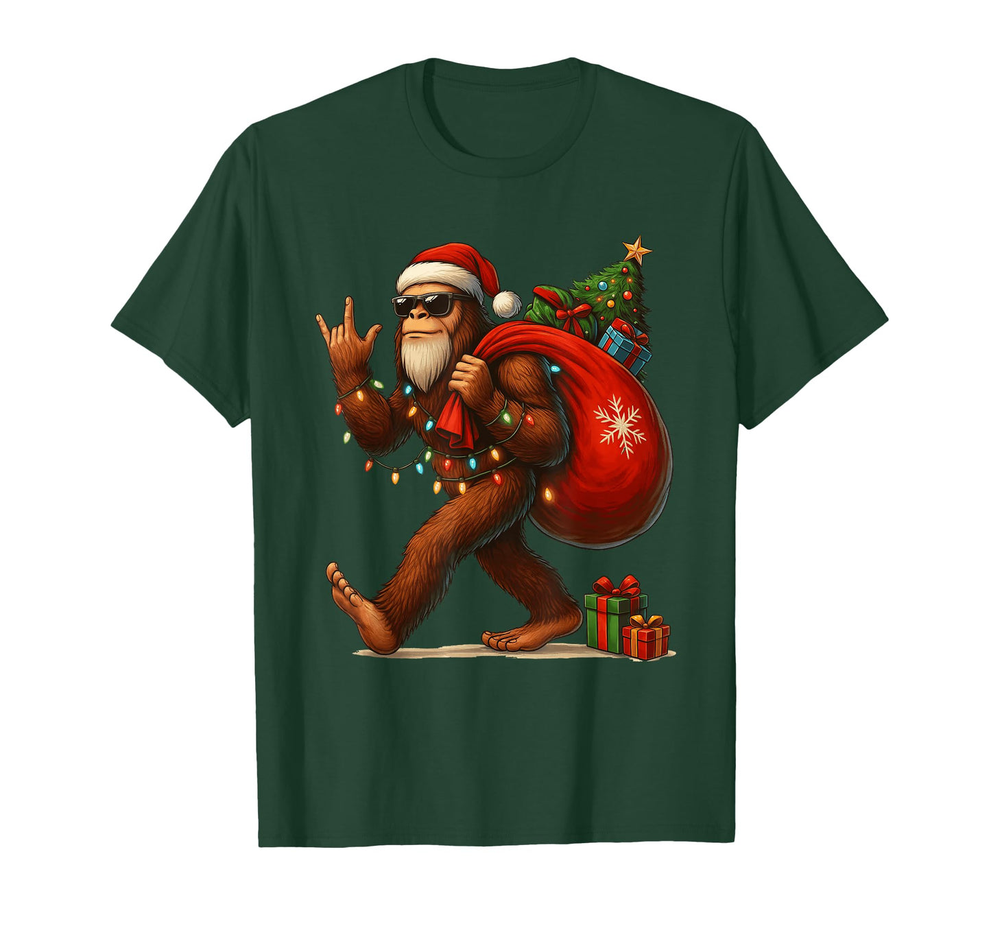 Santa Bigfoot Christmas Tree Lights Funny Sasquatch Believe T-Shirt