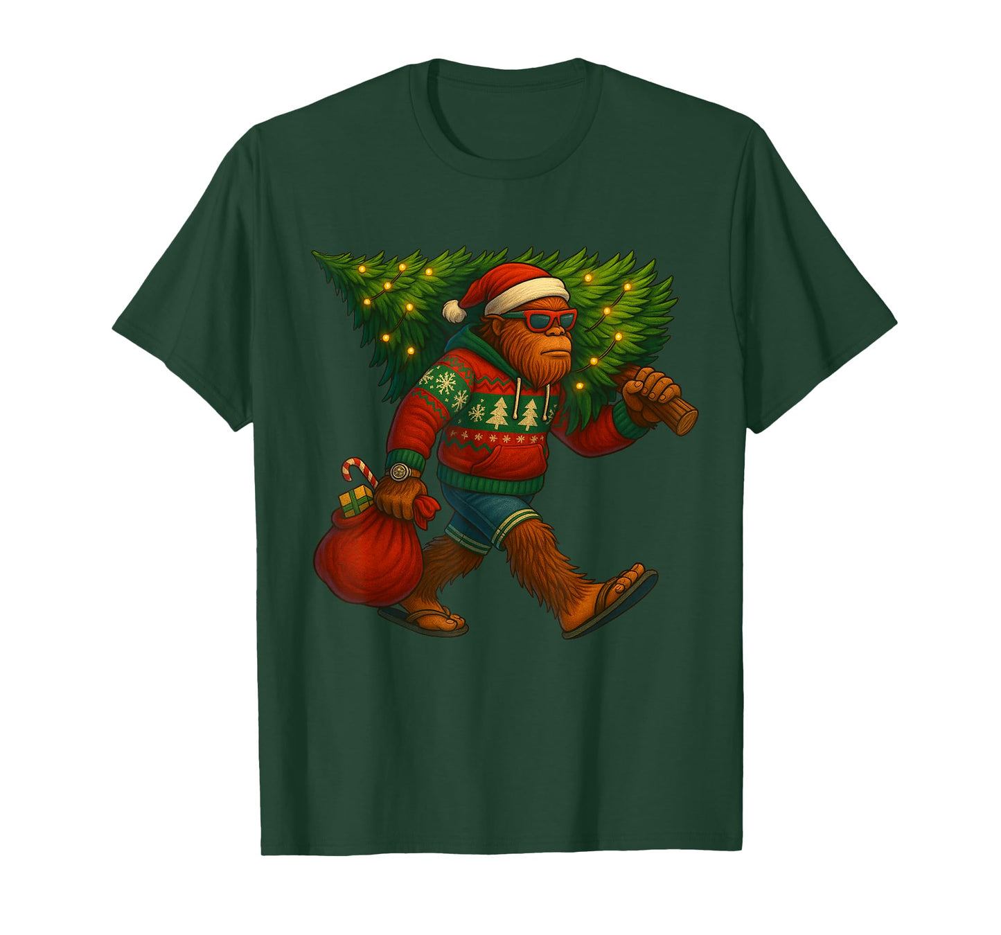 Bigfoot Christmas Tree Lights Xmas Sasquatch Boys Men Kids T-Shirt