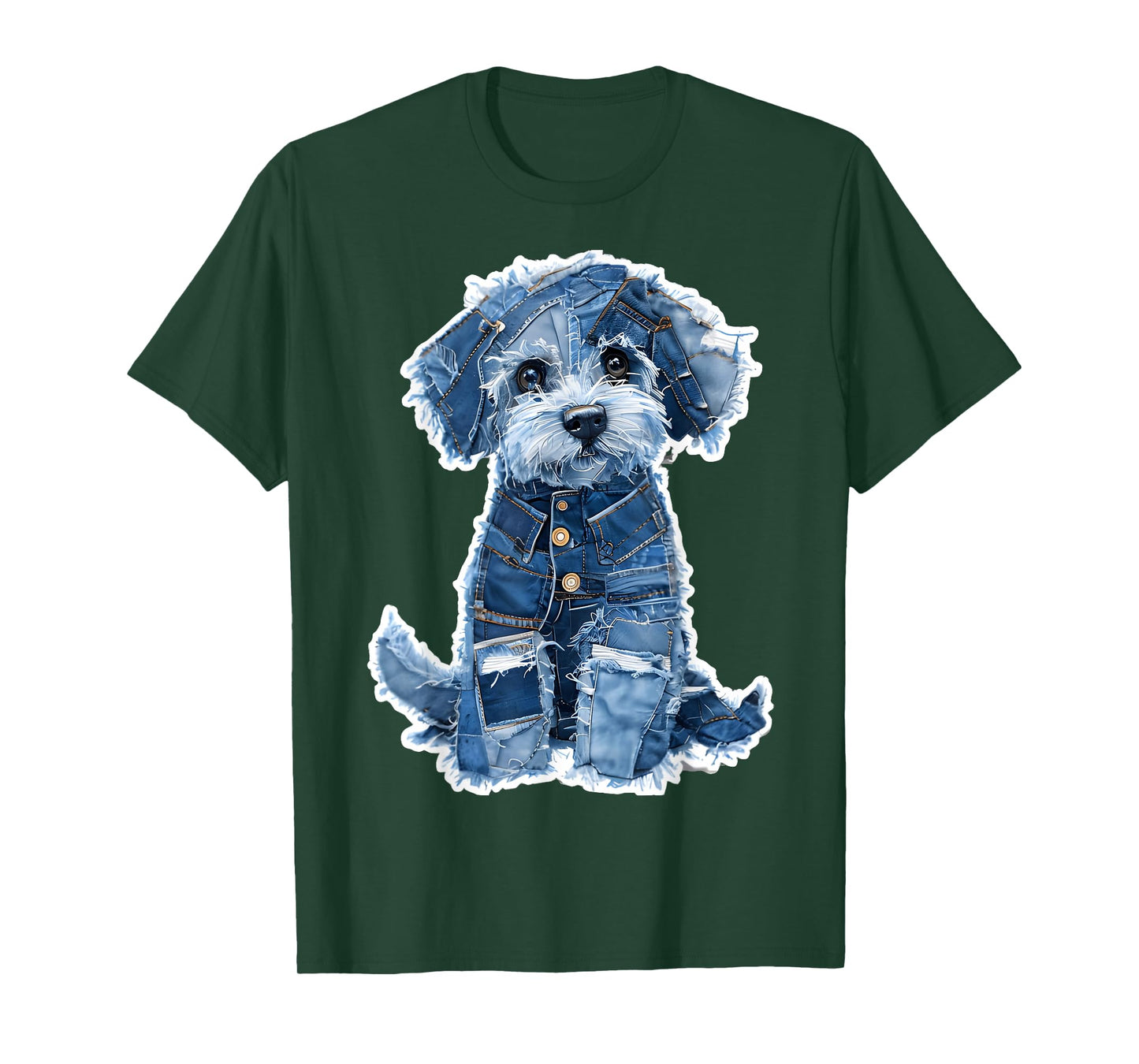 Retro Dog Pattern Denim Patchwork Graphic Art T-Shirt