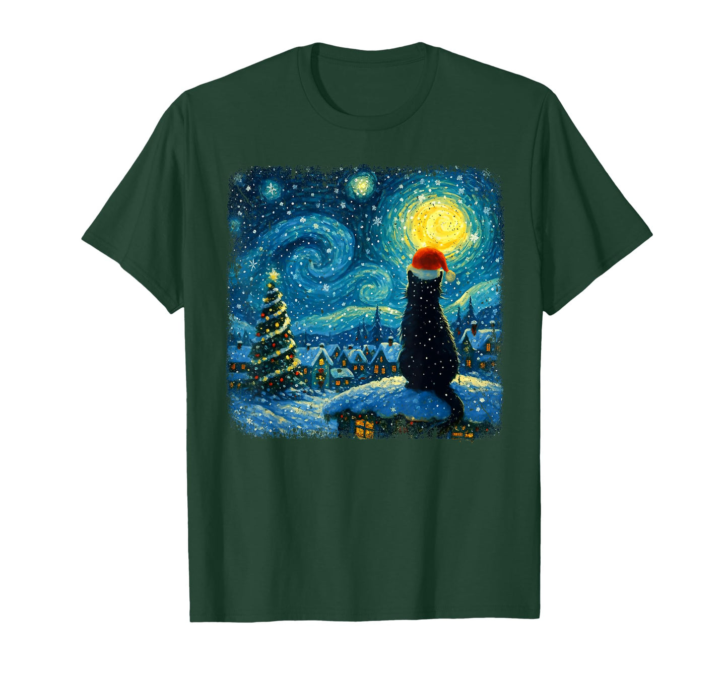 Funny Black Cat Merry Christmas Xmas Van Gogh Pajama Holiday T-Shirt