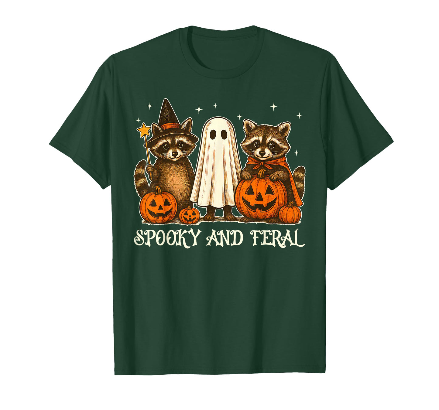 Spooky and Feral Raccoon Ghost Witch Costume Halloween Day T-Shirt