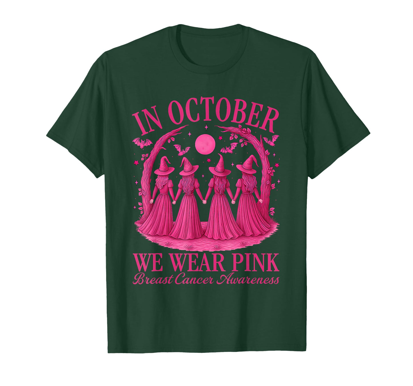 in October We Wear Pink Witch Halloween Breast Cancer Women T-Shirt