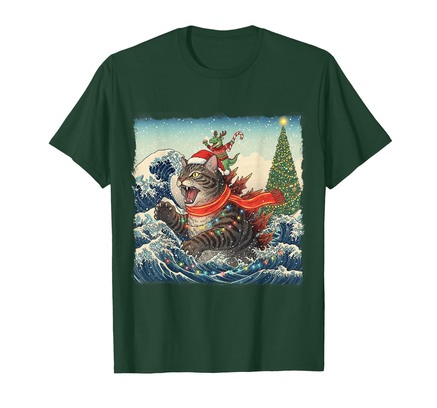 Catzilla Christmas with Cute Dino Cat Funny Holiday Wave T-Shirt