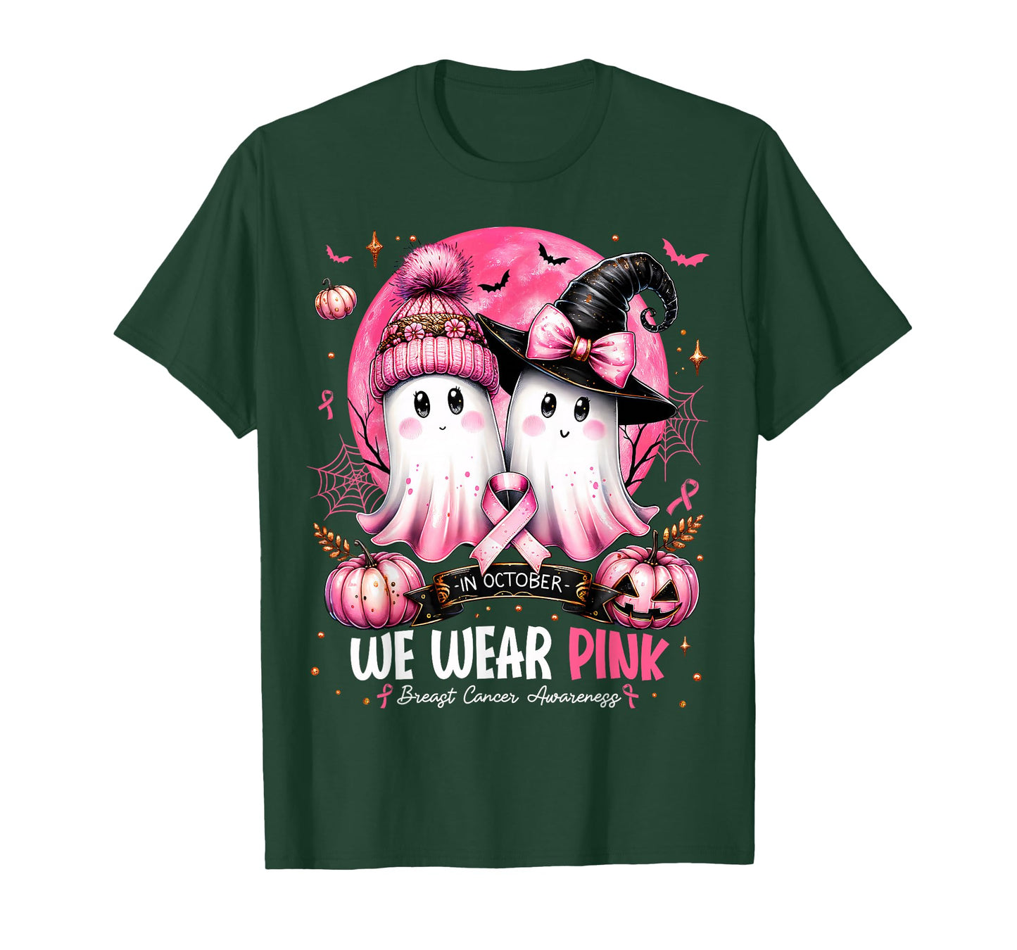 in October We Wear Pink Ghost Witch Breast Cancer Awareness T-Shirt