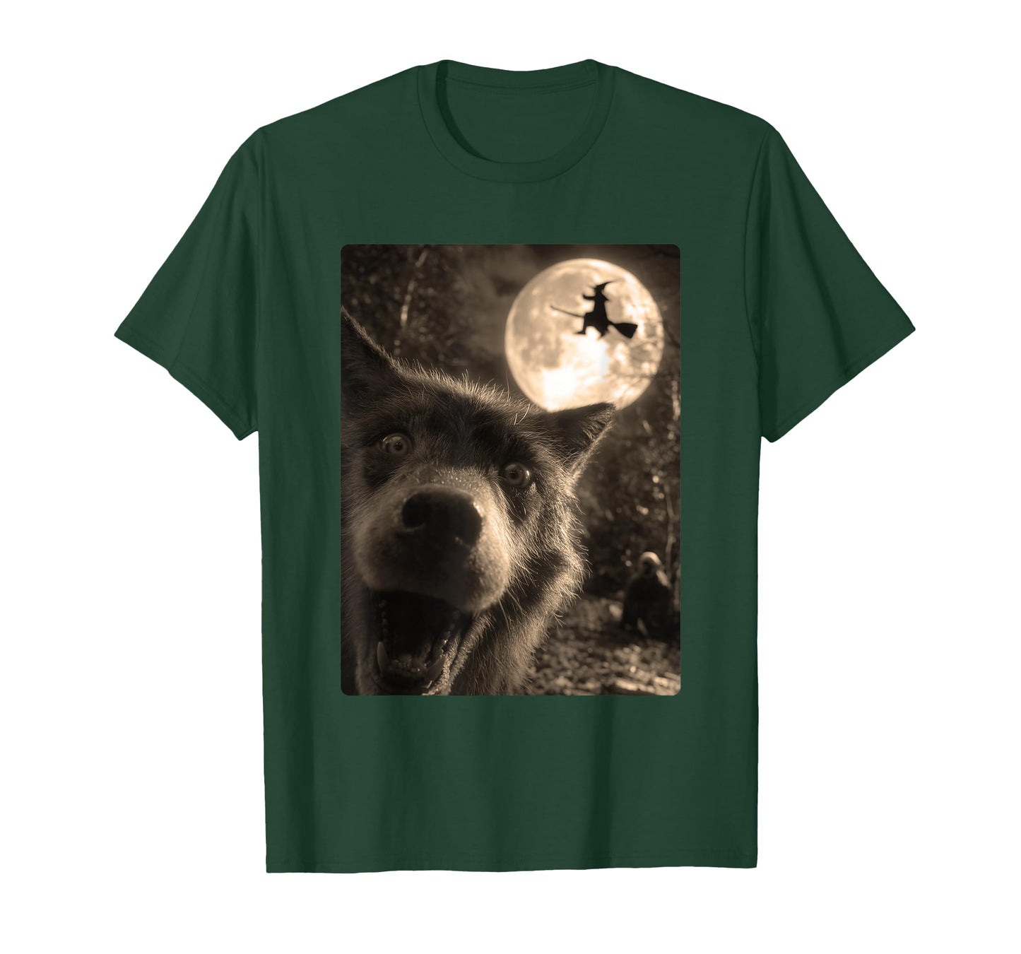 Funny Wolf Selfie Full Moon Flying Witch Forest Halloween T-Shirt
