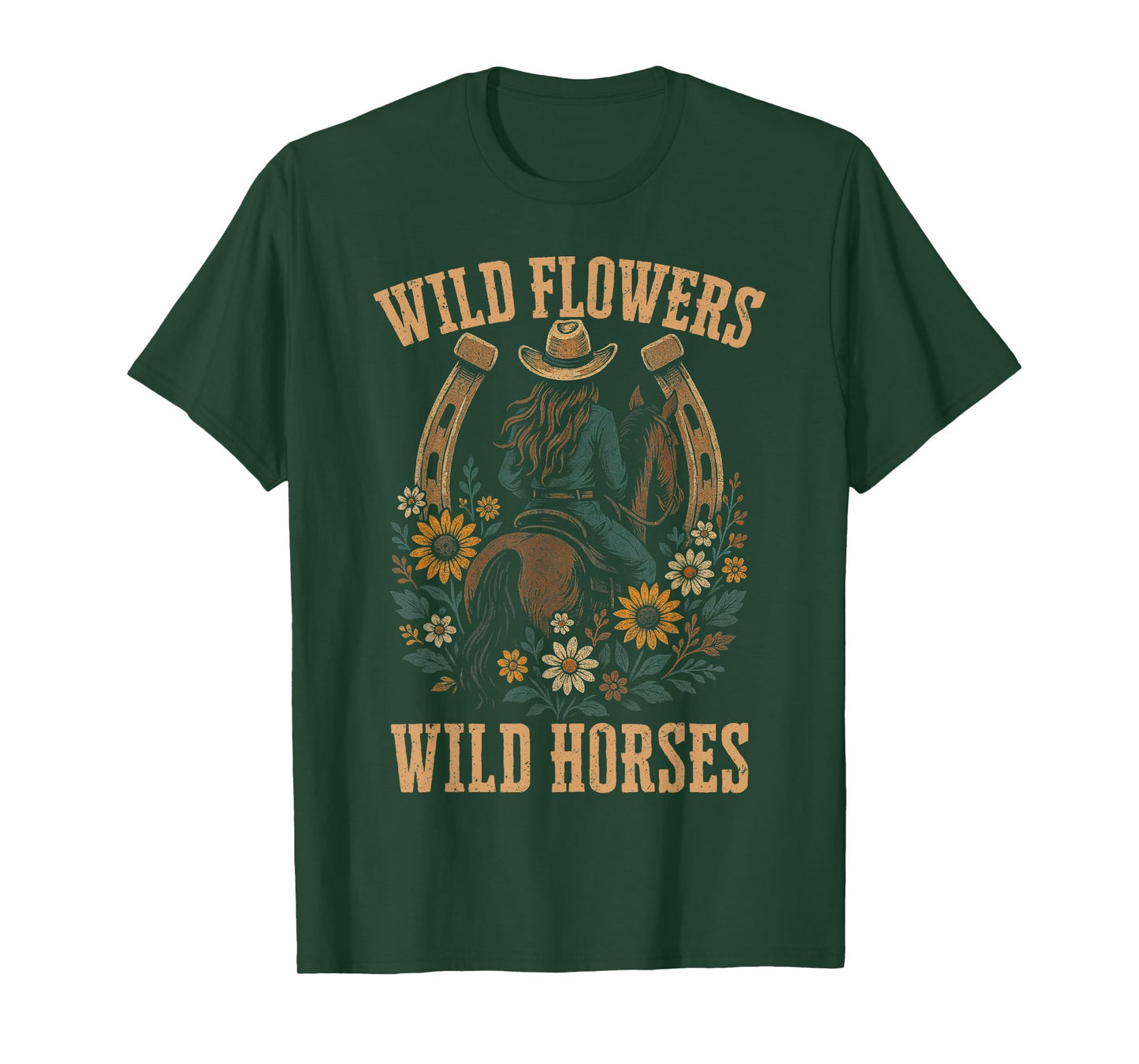 Retro Southern Sunset Wild Cowgirl Flowers - Wild Horses T-Shirt