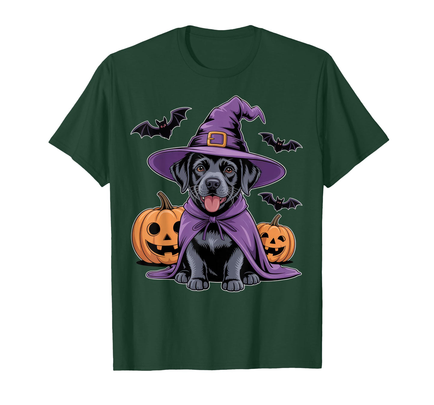 Cute Black Dog Witch Halloween Pumpkins and Bats T-Shirt