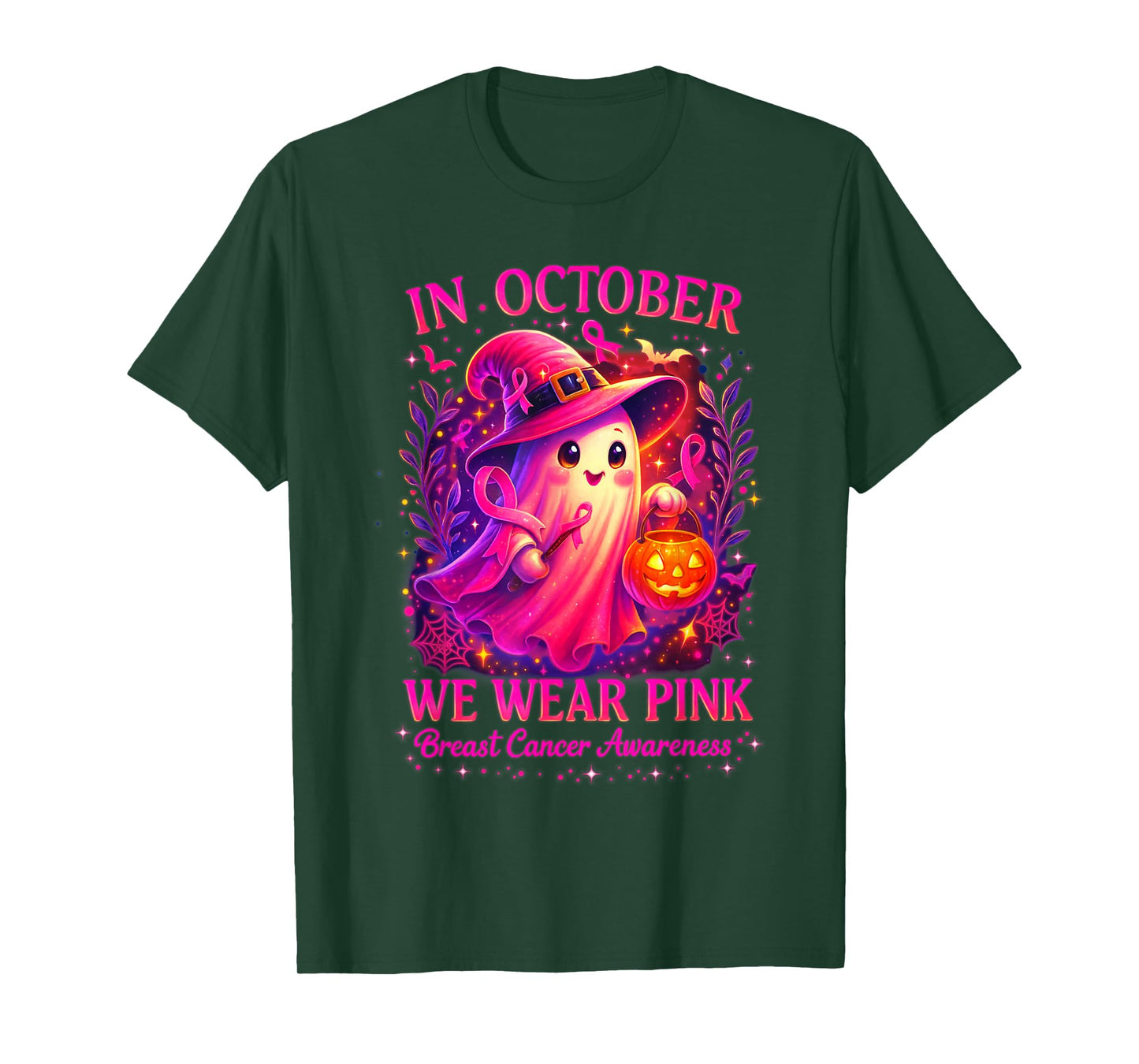 in October We Wear Pink Ghost Witch Breast Cancer Awareness T-Shirt