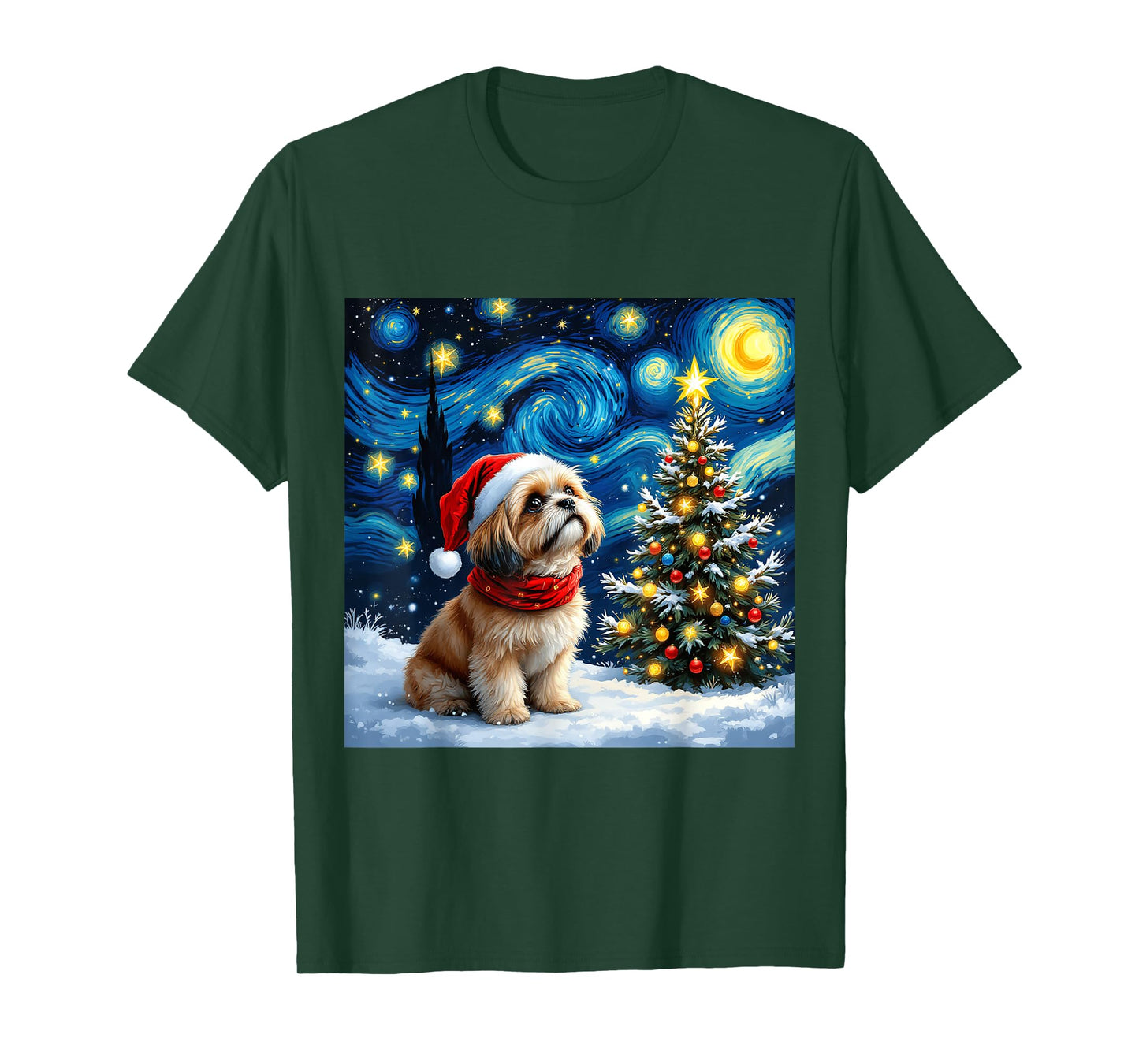Shih Tzu Starry Night Christmas Van Gogh Dog Santa Hat T-Shirt