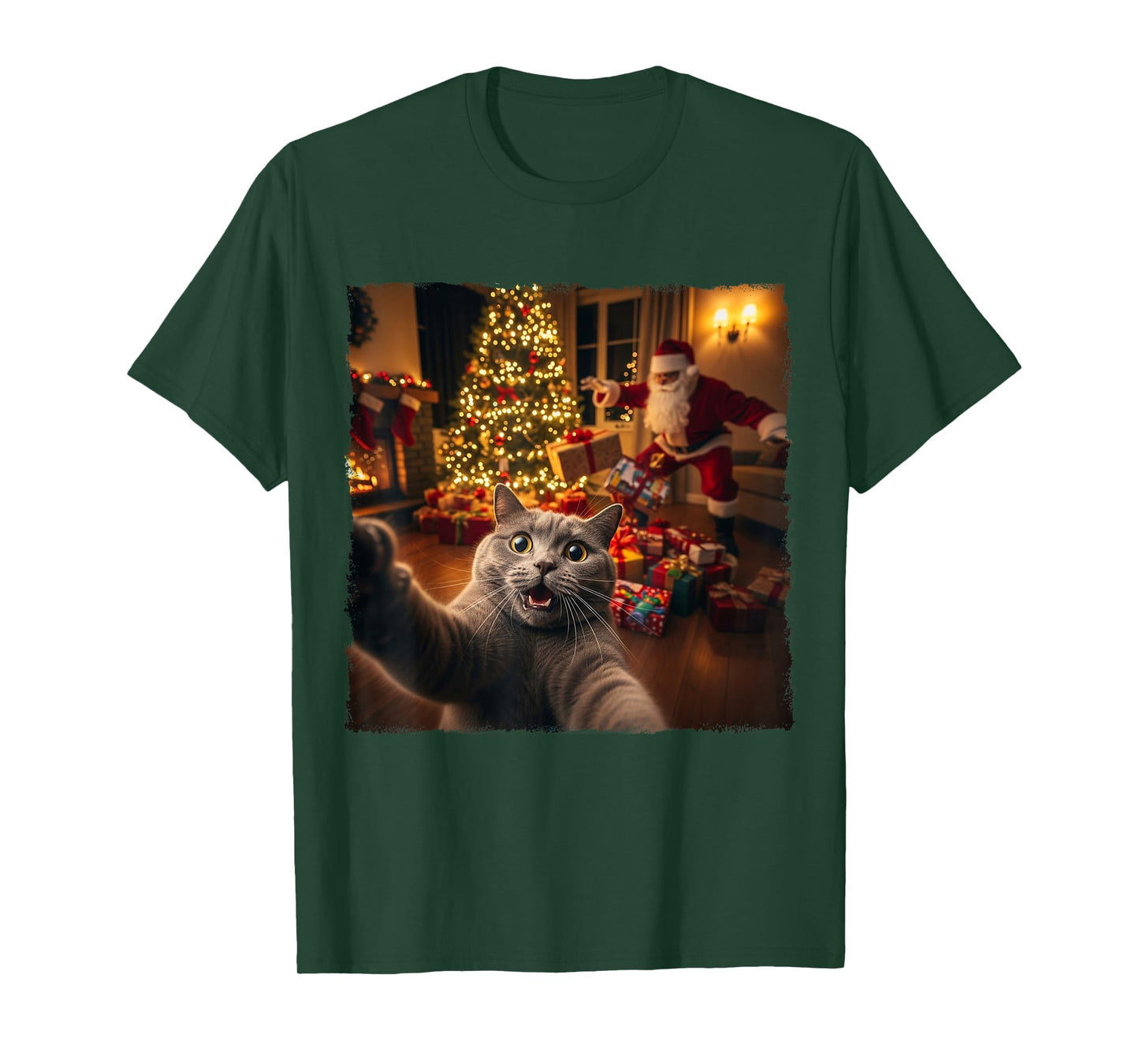 Christmas Funny Cat Selfie with Santa Claus Holiday Fun Xmas T-Shirt