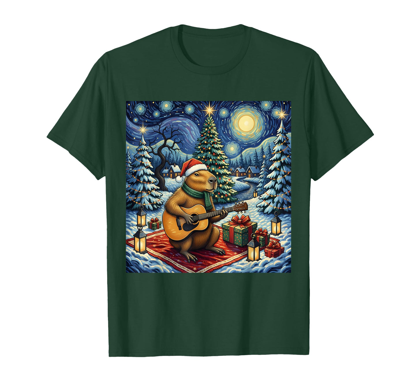 Capybara Playing The Guitar Van Gogh Style Christmas Themed T-Shirt