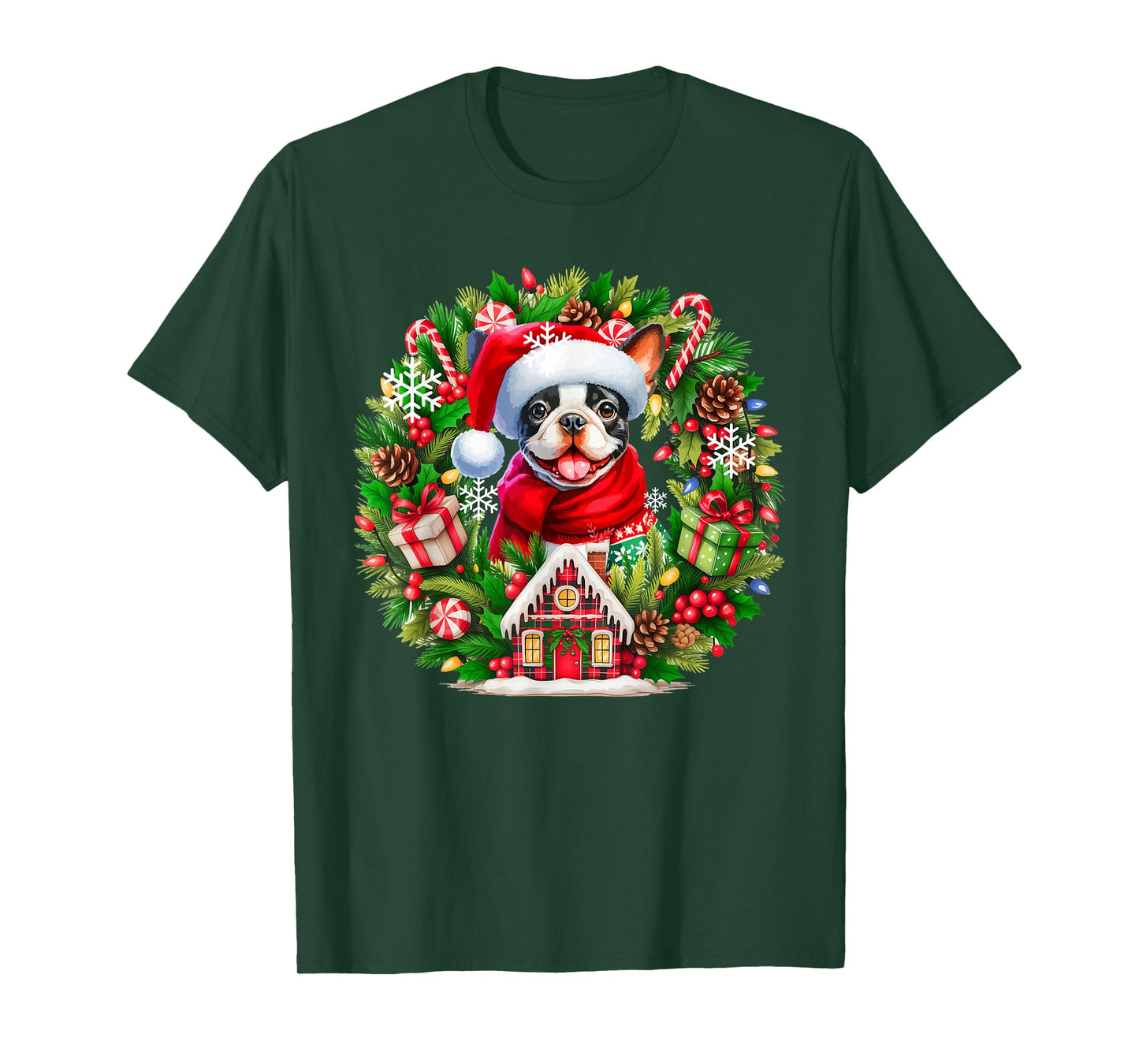 Santa Boston Terrier Christmas Floral Circle Owner Kids T-Shirt