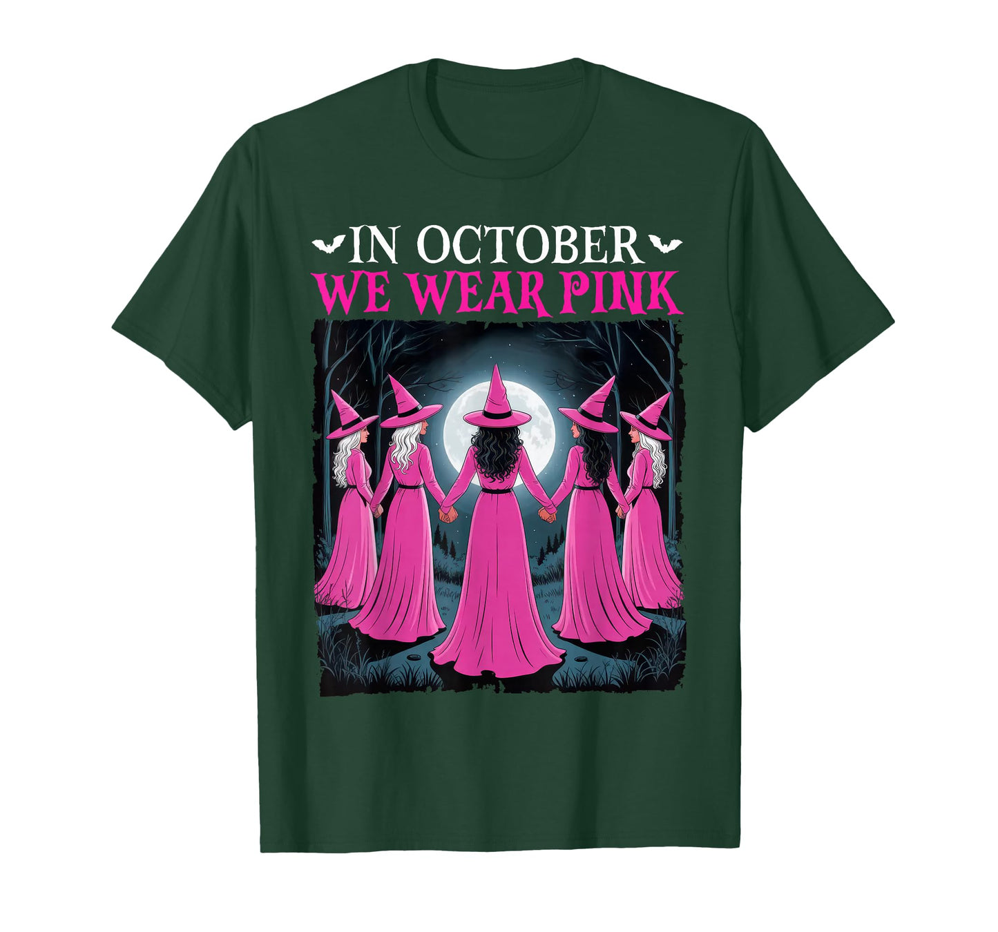 in October We Wear Pink Witch Halloween Breast Cancer Women T-Shirt