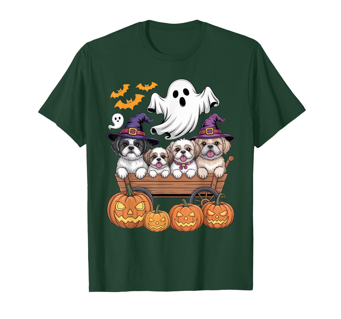 Shih Tzu Halloween Wagon Ghost Bats Pumpkins Cute Spooky T-Shirt