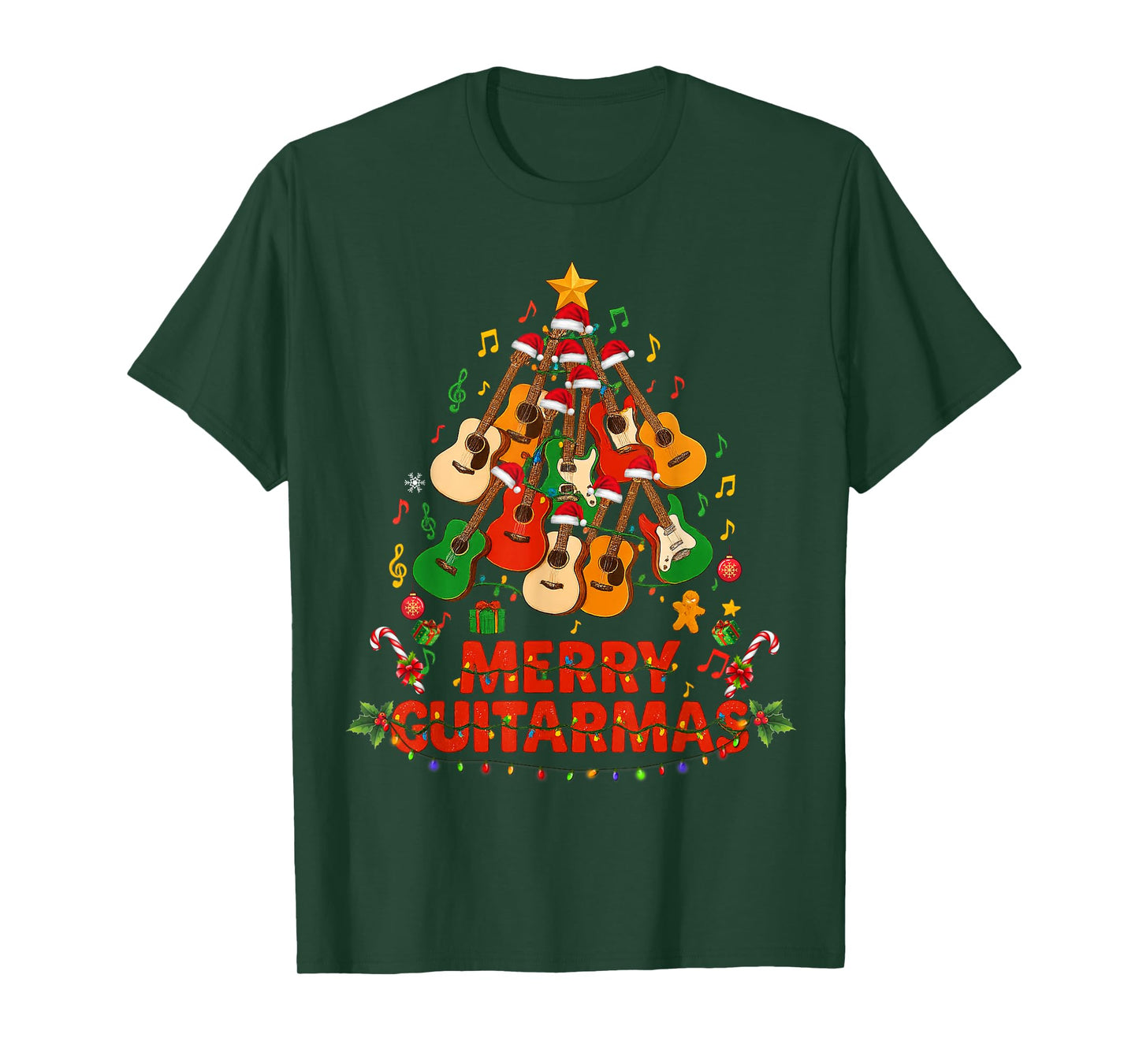 Guitar Santa Hat Christmas Tree Funny Music Loves Xmas Gifts T-Shirt