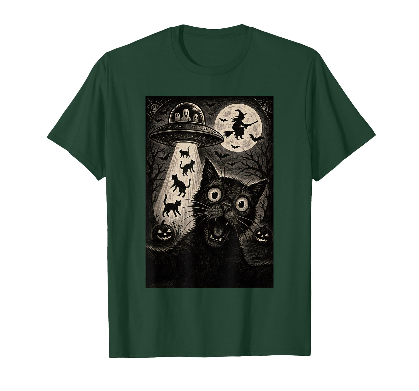 Halloween Cat Selfie Spooky Night Alien Abduction Cats UFO T-Shirt