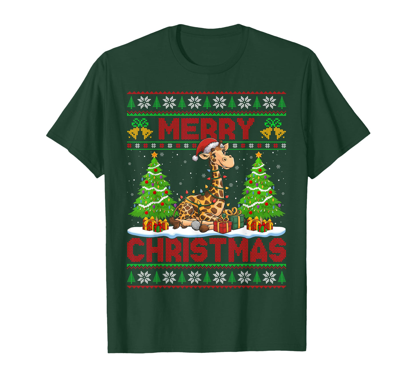 Giraffe Ugly Christmas Sweaters Funny Santa Hat Lights Xmas T-Shirt