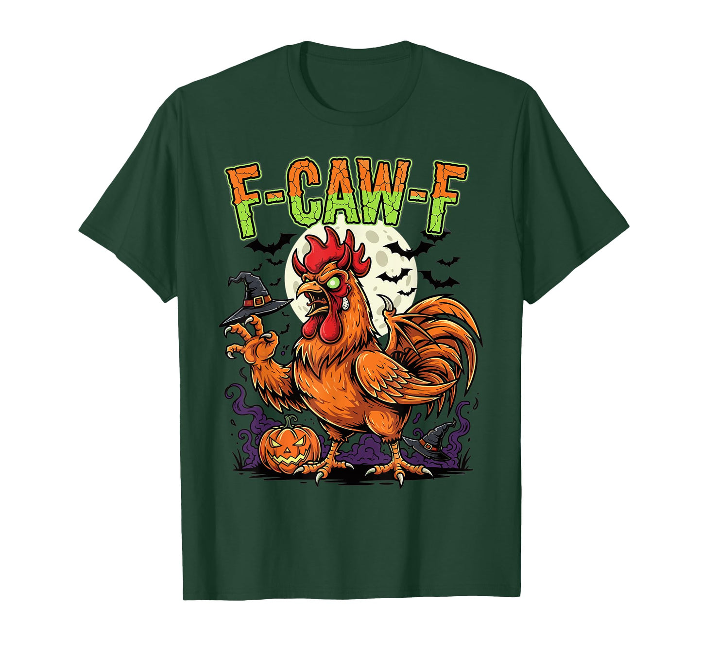 Halloween Rooster Monster Pumpkin Moon Bats Horror T-Shirt