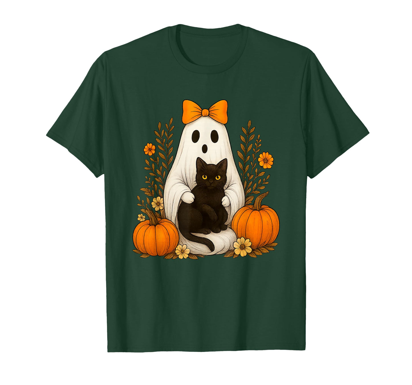 Halloween Ghost Holding Black Cat Groovy Floral Cute Boo T-Shirt