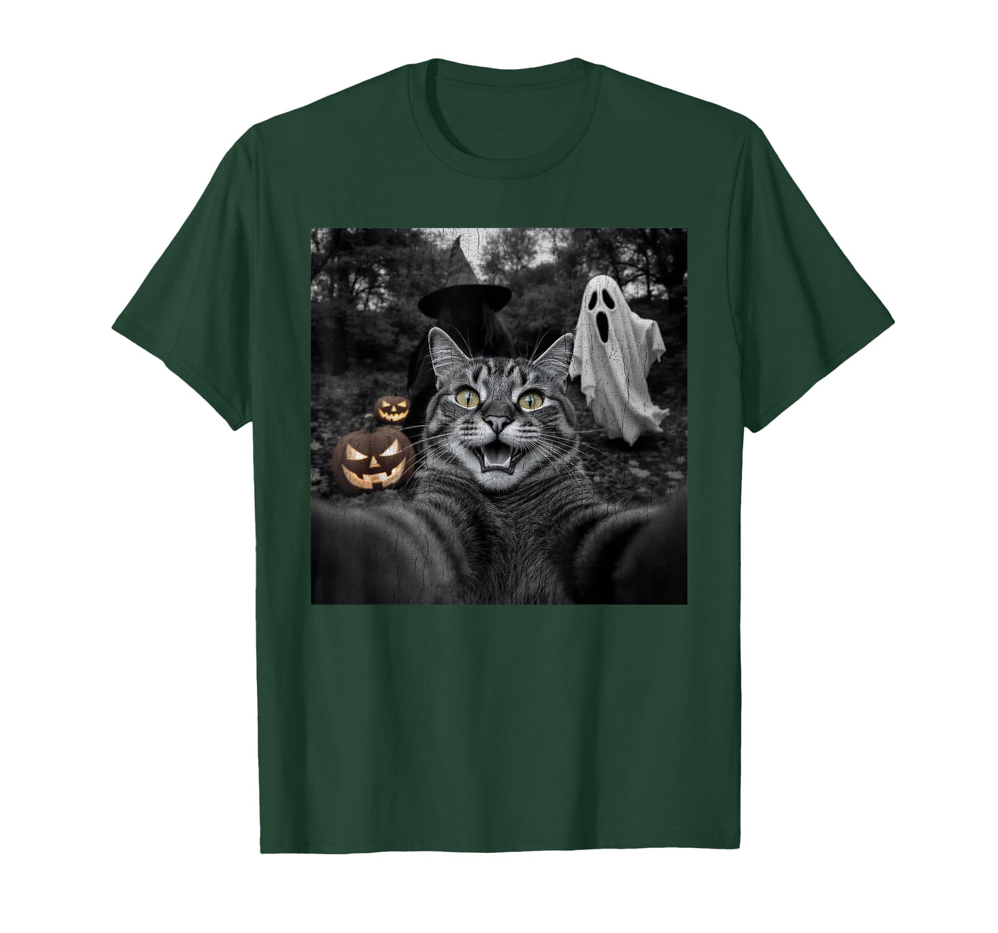 Funny Cat Selfie with a Witch & Ghost Scary Halloween T-Shirt