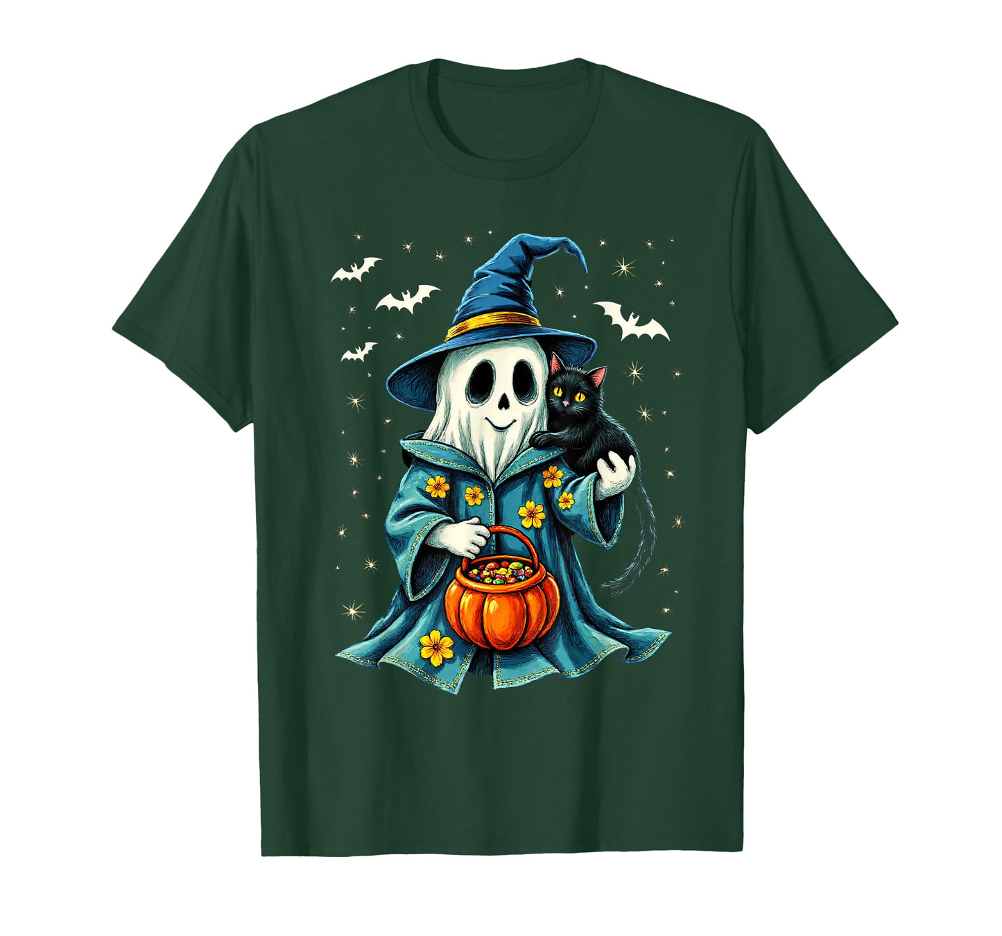Ghost Holding Black Cat Lover Halloween 2025 Groovy Floral T-Shirt