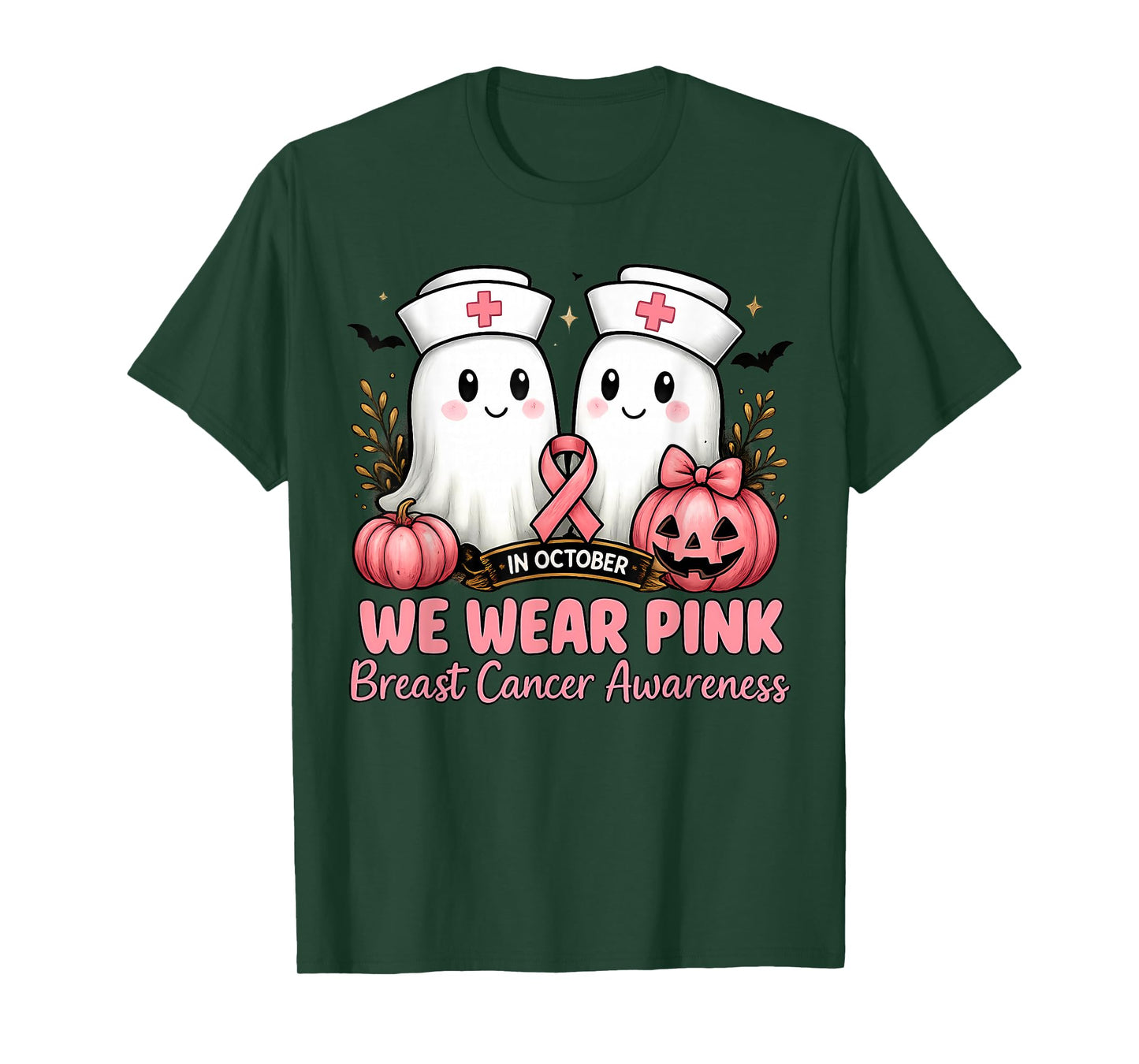 in October We Wear Pink Ghost Nurse Breast Cancer Awareness T-Shirt