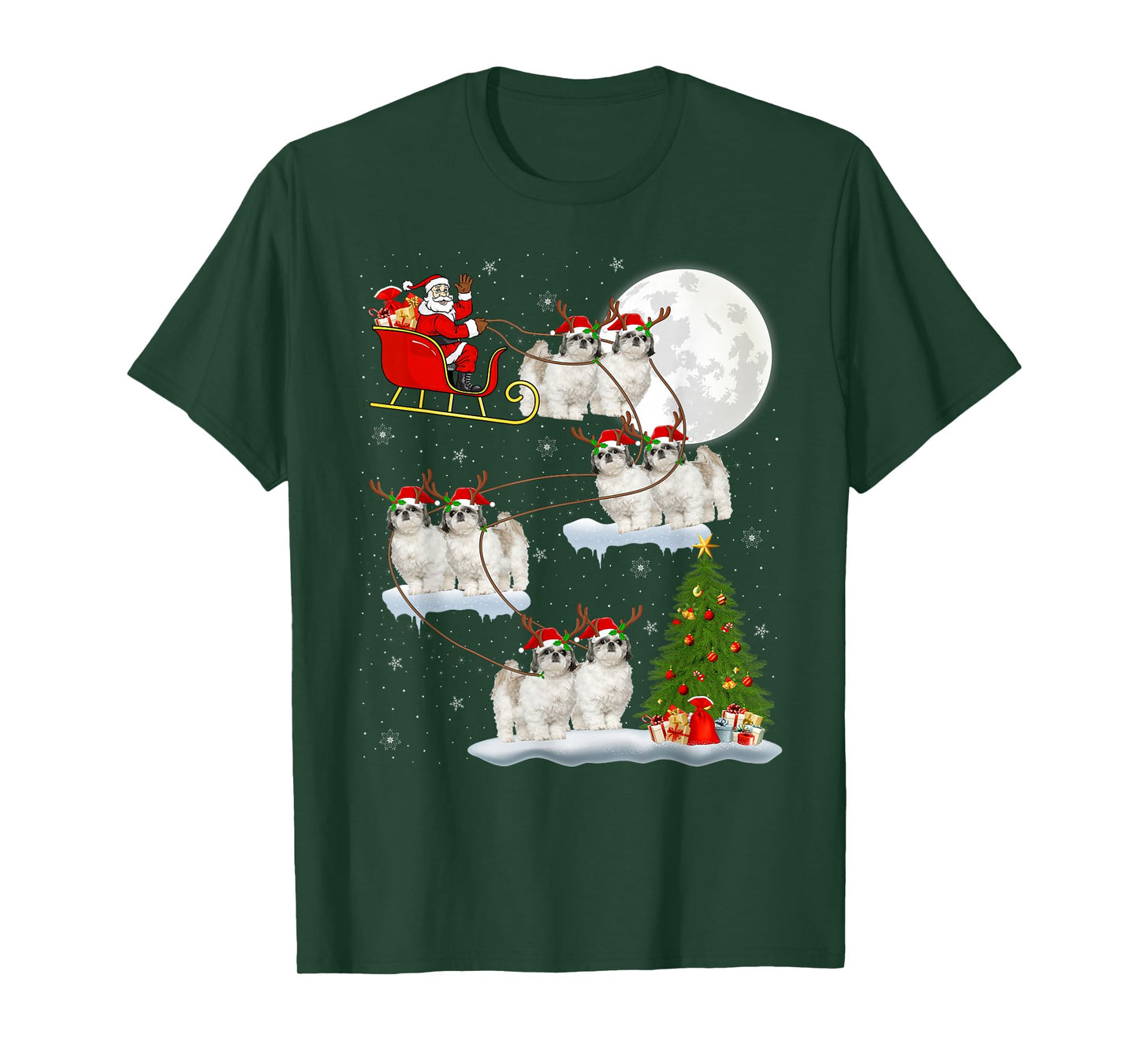 Shih Tzu Dog Santa Sleigh Flying Funny Magical Christmas T-Shirt