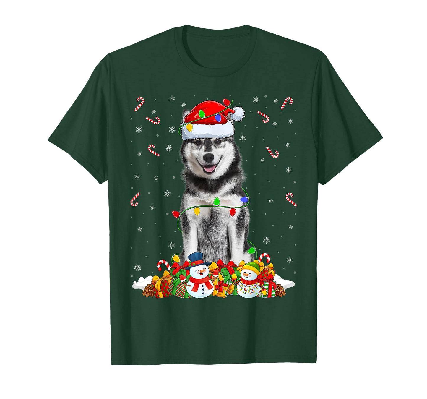Siberian Husky Dog Christmas Lights Funny Santa Hat Xmas T-Shirt