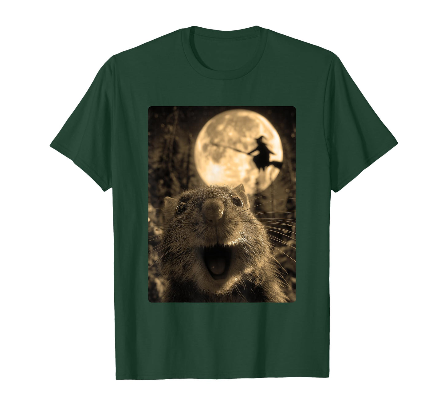 Funny Hamster Selfie Full Moon Flying Witch Forest Halloween T-Shirt