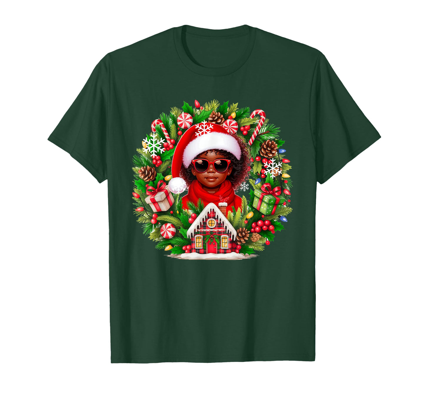 Santa Afro Kid Girl Sunglasses Xmas Floral Cirle Colorful T-Shirt