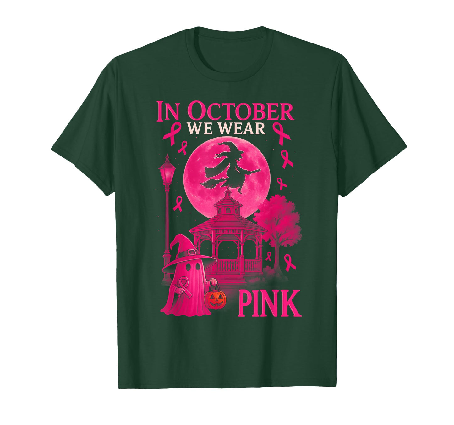 HUGvyn in October We Wear Pink Witch Halloween Breast Cancer T-Shirt
