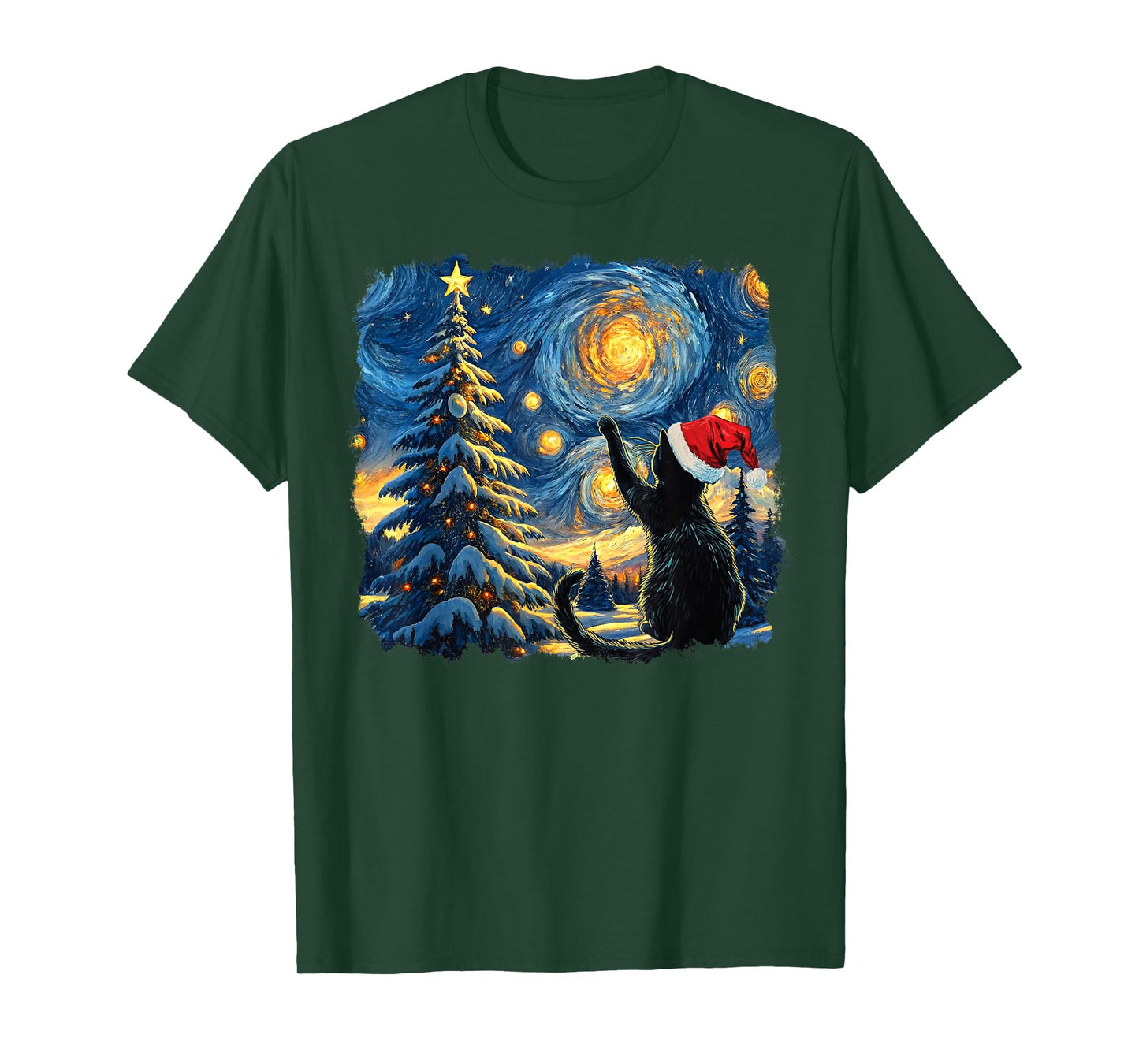 Cat Starry Night Van Gogh Christmas Black Cat Santa Hat T-Shirt