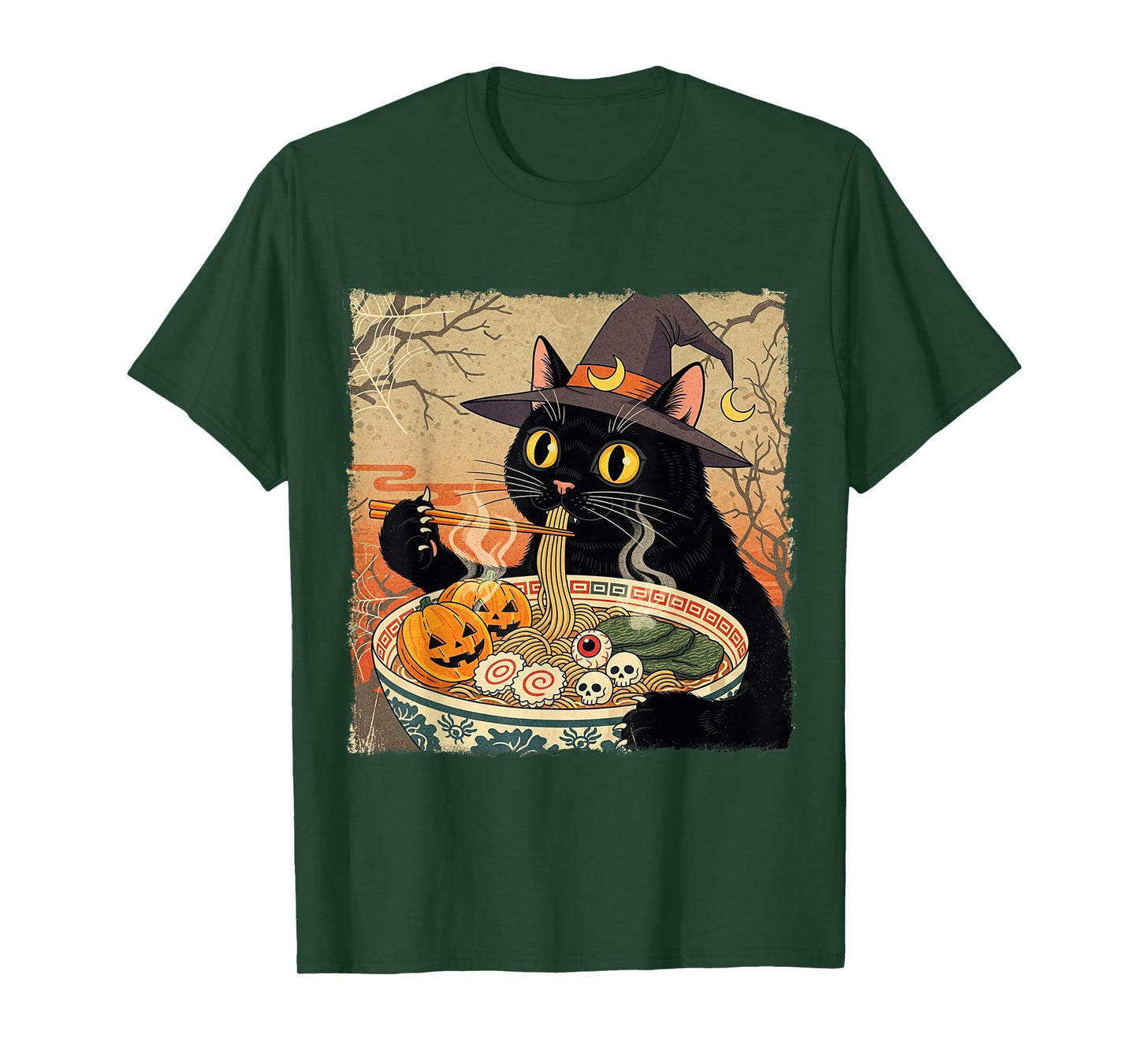 Funny Spooky Ramen Witch Cat Retro Japanese Halloween T-Shirt