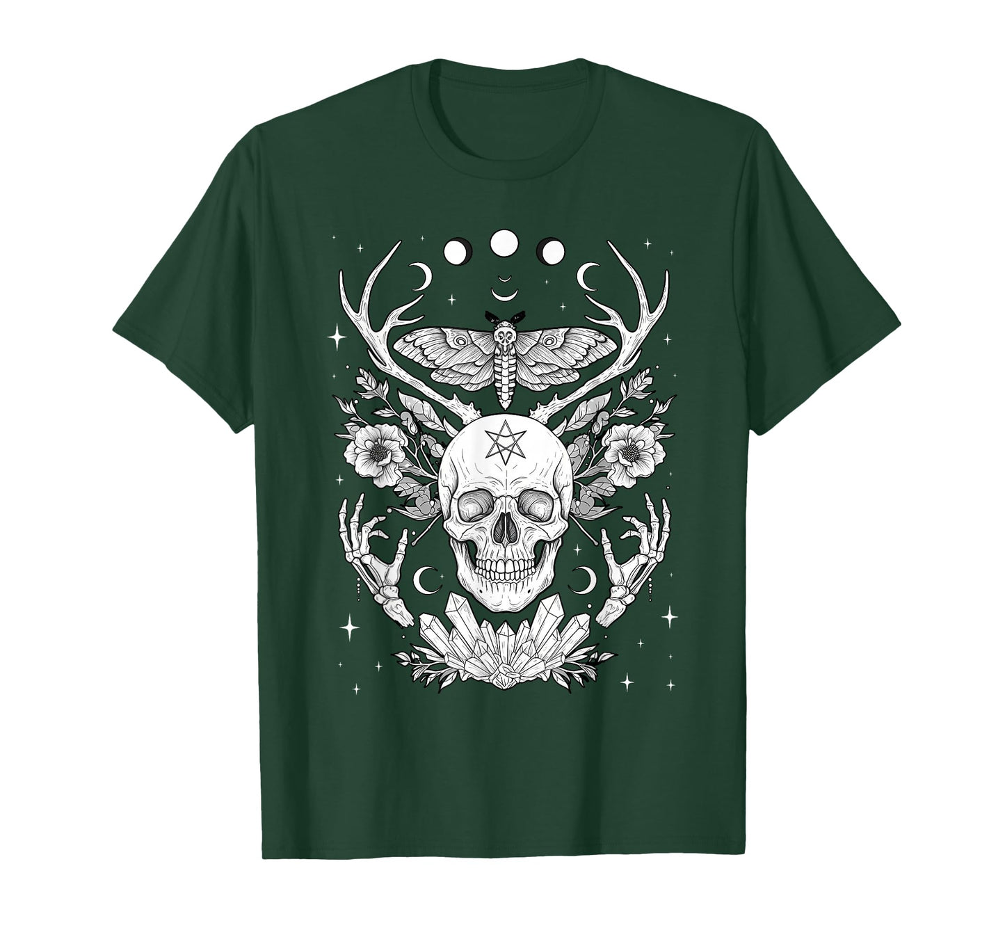 Nature Witch Skull and Death's Head Moth, Moons & Crystals T-Shirt