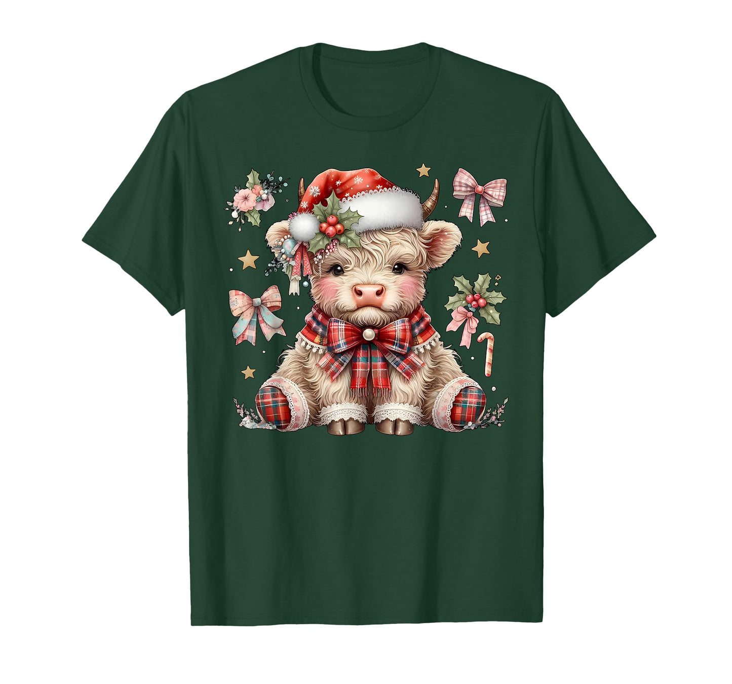 Patchwork Coquette Christmas Highland Cow Santa Hat Western T-Shirt